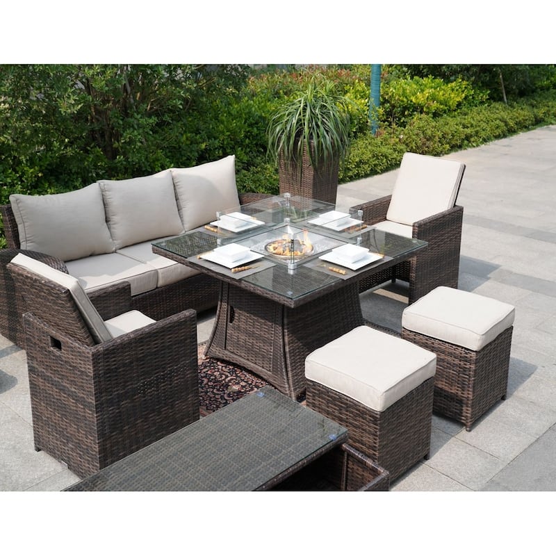 Outdoor Wicker Sofa Patio Set Seating Furniture with Fire Pit Table