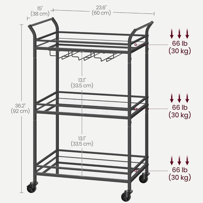 Home Bar Serving Cart with 3-Tier Shelf, Wine Holders, Glass Holders