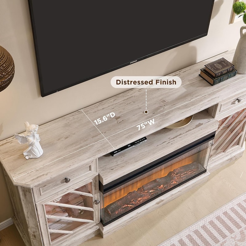 Farmhouse TV Stand with 3-Sided Fireplace, Entertainment Center
