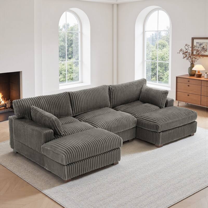 Plush Corduroy Upholstered Modular Sectional Sofa with Chaise