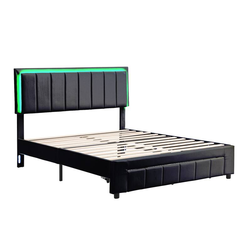 Upholstered Platform Bed with LED Lights and Two Motion Activated Night