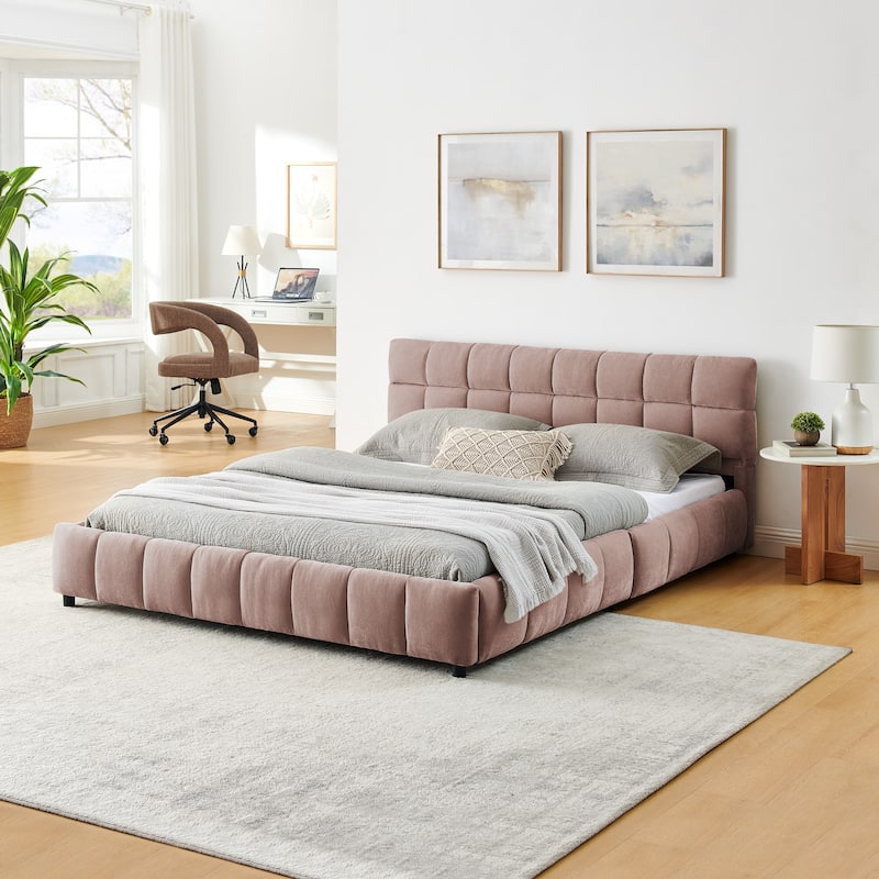 Block Thick Chenille Low Profile Platform Bed Fabric Upholstered Bedframe with Headboard Solid Wood Frame - Optional Storage Bed