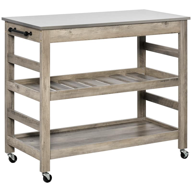 Rolling Kitchen Cart with Stainless Steel Countertop, 1 Bottom Shelf, 1 Slotted Middle Shelf and 4 Castor Wheels - Grey