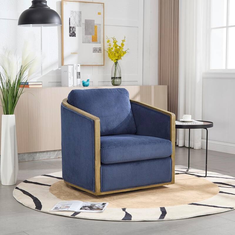 Roomfitters Modern Corduroy Swivel Barrel Chair, 360 Lounge Club Chair with Deep Seat for Living Room or Office - Navy Blue