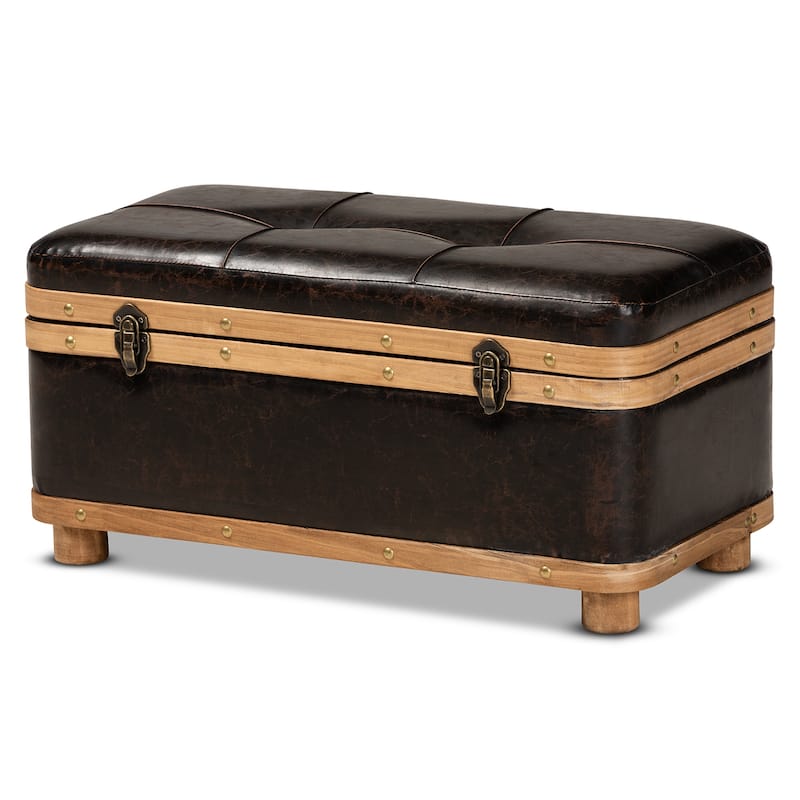 Gendry Modern Rustic Faux Leather and Wood Storage Ottoman Large