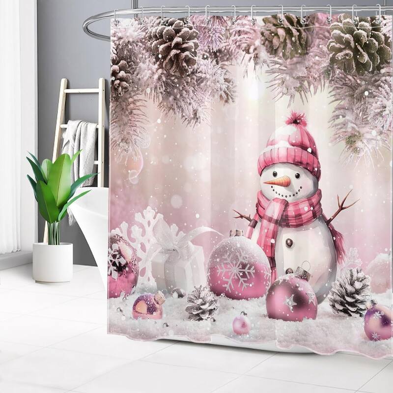 Merry Christmas Shower Curtain Xmas Ball Cute Snowman
