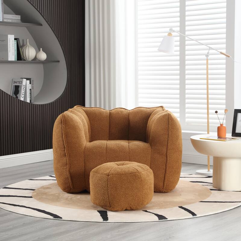 Modern Chenille Bean Bag Chair with Ottoman, Set of 1 - Khaki