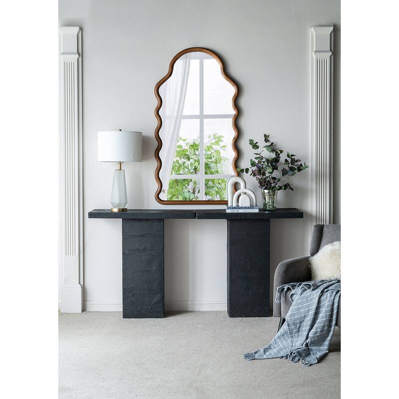 Arch Wall Mirror 55 Inches Height Solid Pine Wood Frame Unique Design - Brown