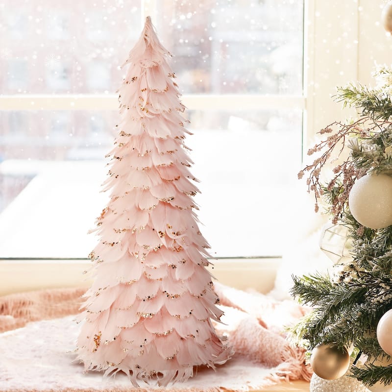 18" Pink Feather Cone Christmas Tree with Glitter Tips - under-3-feet