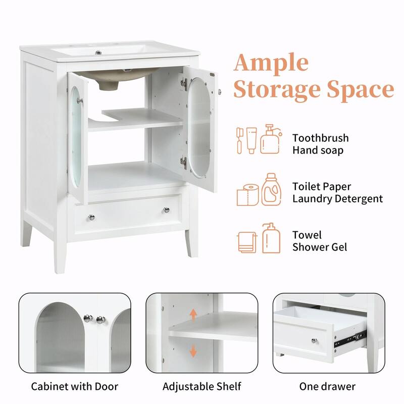 24" Bathroom Vanity with Sink - Cabinet with One Drawer, Doors, Adjustable Shelf