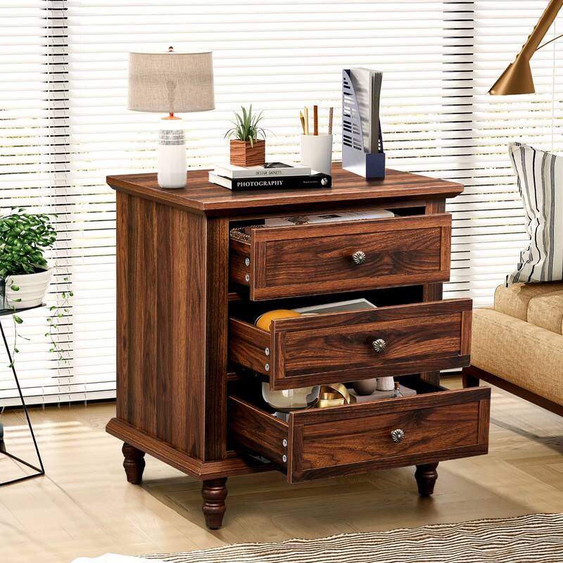 Wood 3-Drawer Nightstand with Rustic Finish and Storage
