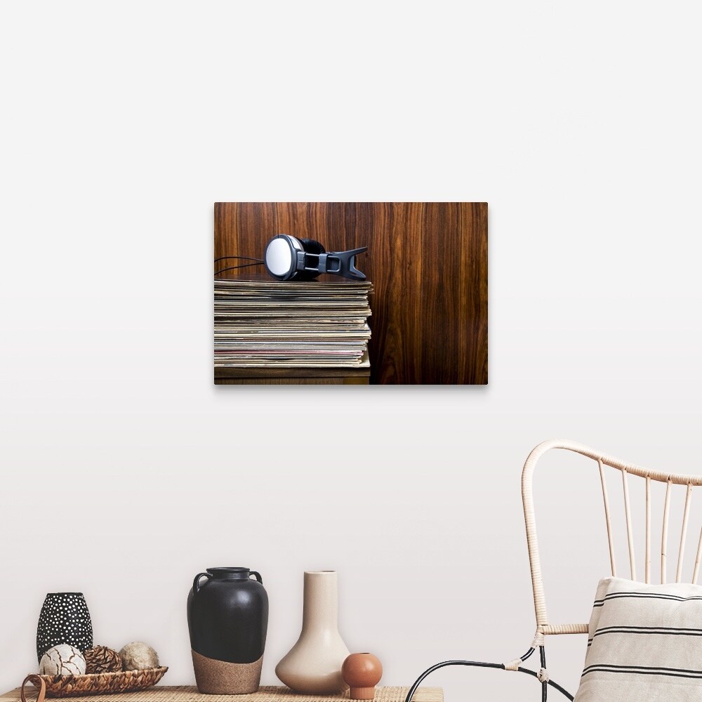 Shop Headphones Laying On Stack Of Vinyl Records Canvas Wall Art