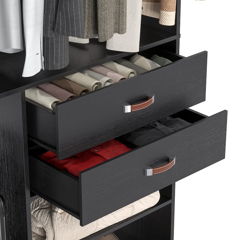 Rackcog Freestanding Closet Organizer with Hanging Rod, Closet System Wardrobe with Wood Drawers
