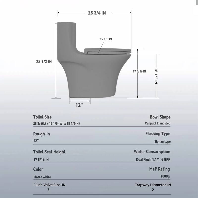 1.1/1.6 GPF Tornado Flush One-Piece Toilet Elongated, Siphonic S-trap 12",Soft Closing Seat, Button on Tank top - LIGHT GREY