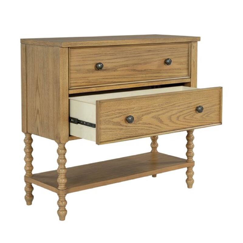 Roomfitters Traditional Wood Accent Chest, 2-Drawer Entryway Console Table with Storage and Open Shelf, Natural