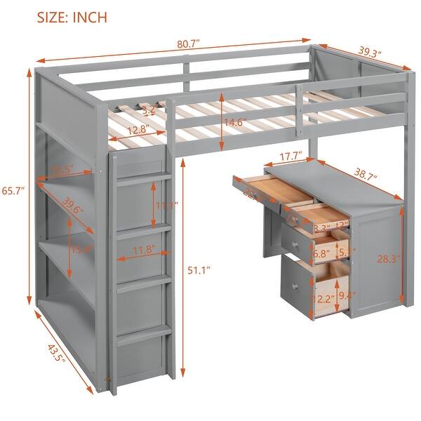 dimension image slide 1 of 5, Children Loft Bed with Ladder and 3 Shelves, 4 Drawers