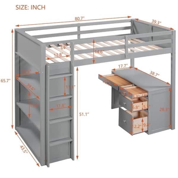 dimension image slide 1 of 2, Twin Size Wood Loft Bed with Ladder, Shelves, and Desk
