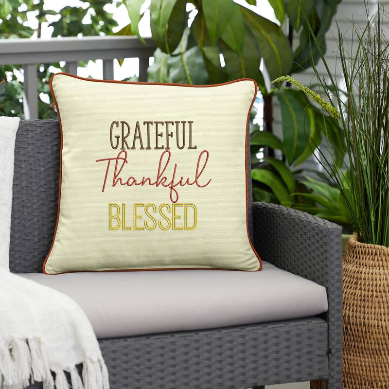 Sunbrella "Grateful Thankful Blessed" Indoor/ Outdoor Pillow - 18 in L x 18 in W