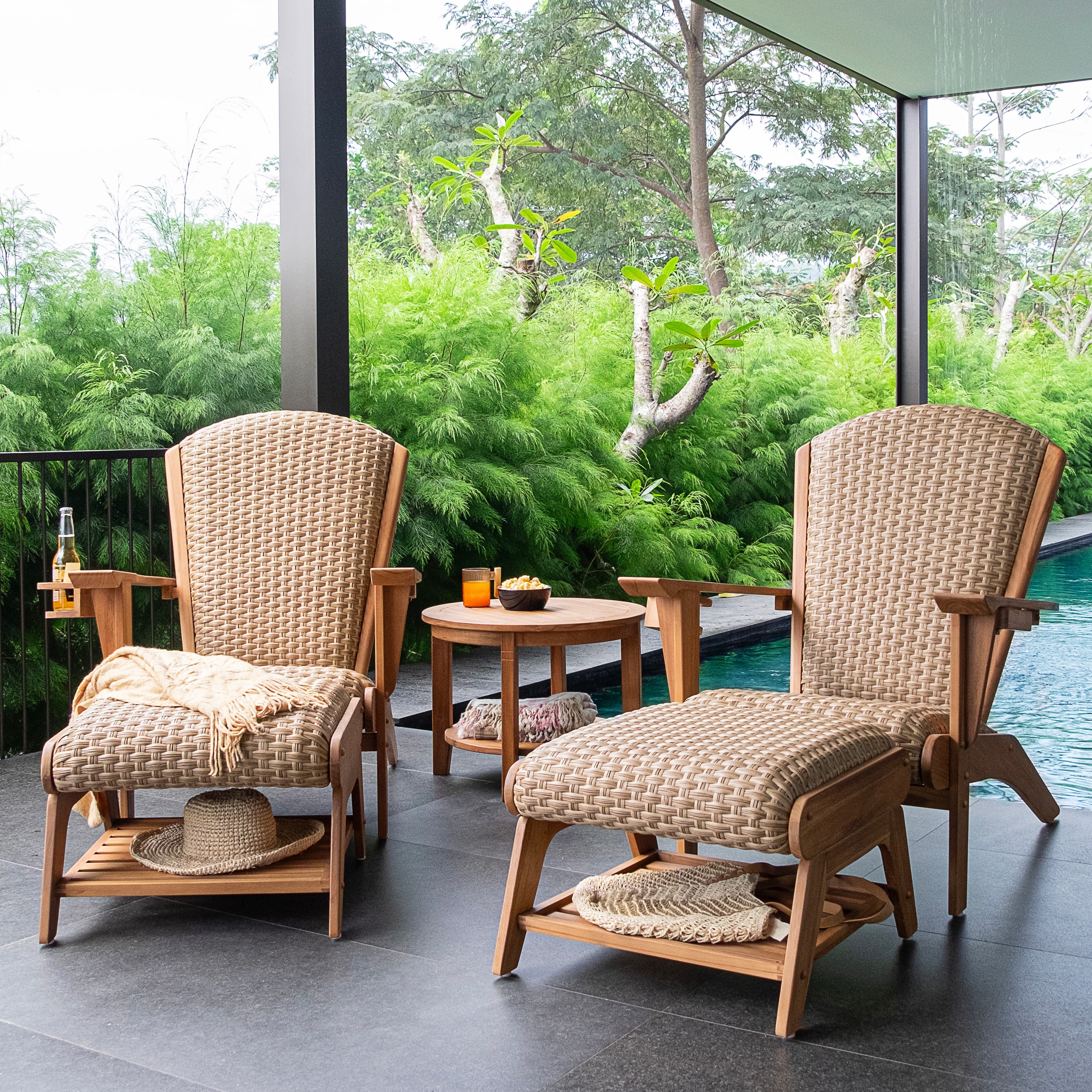 Cambridge Casual Camden Teak Patio Adirondack Chair Set with Padded Woven Seat - FREE Patio Cover