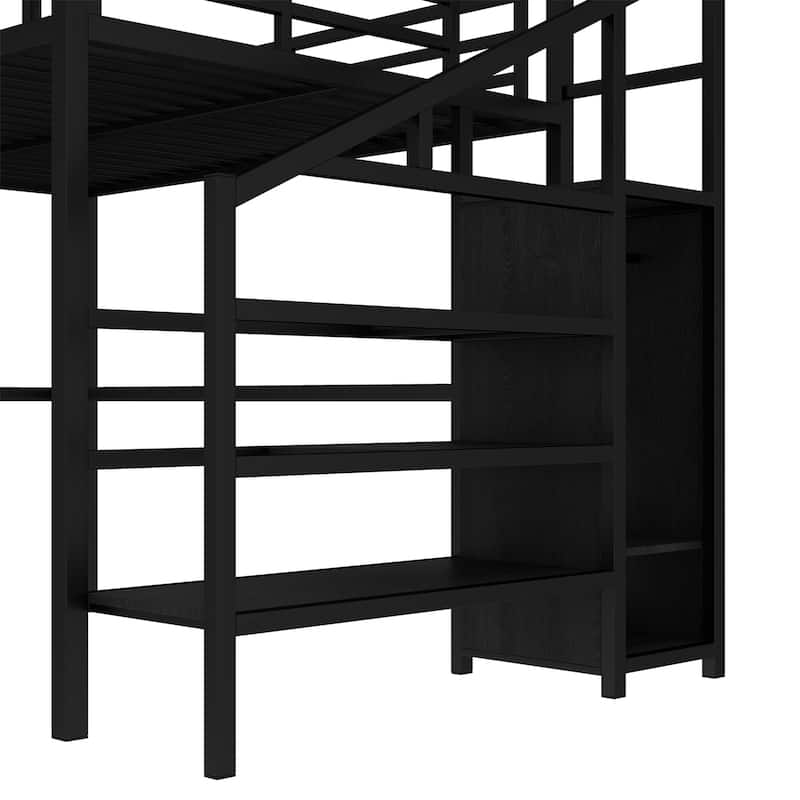 Queen Size Metal Loft Bed with L-shaped Desk and USB, Wardrobe and Adjustable Shelf, Black