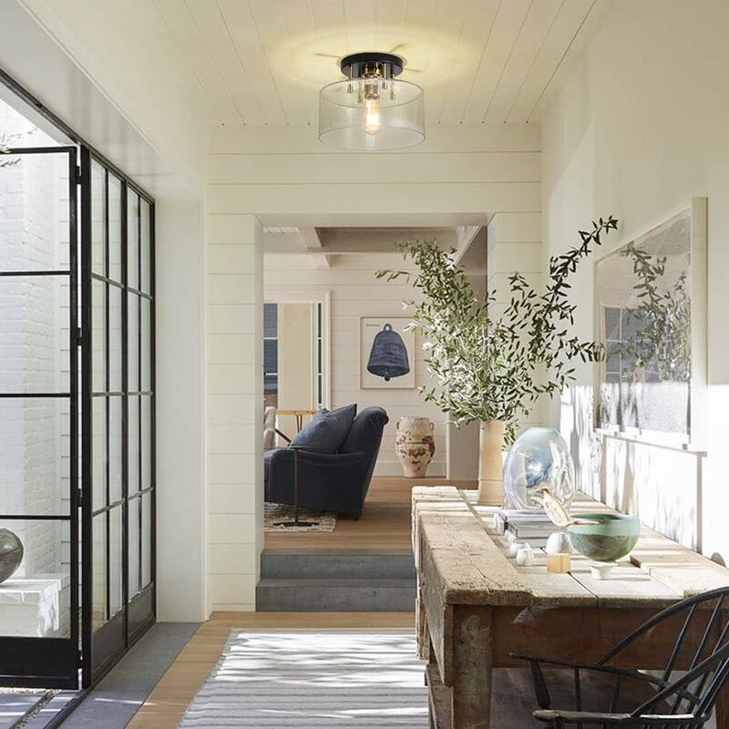 Farmhouse Black Brass 1-Light Glass Drum Semi Flush Ceiling Fixture - 11.8 Inches