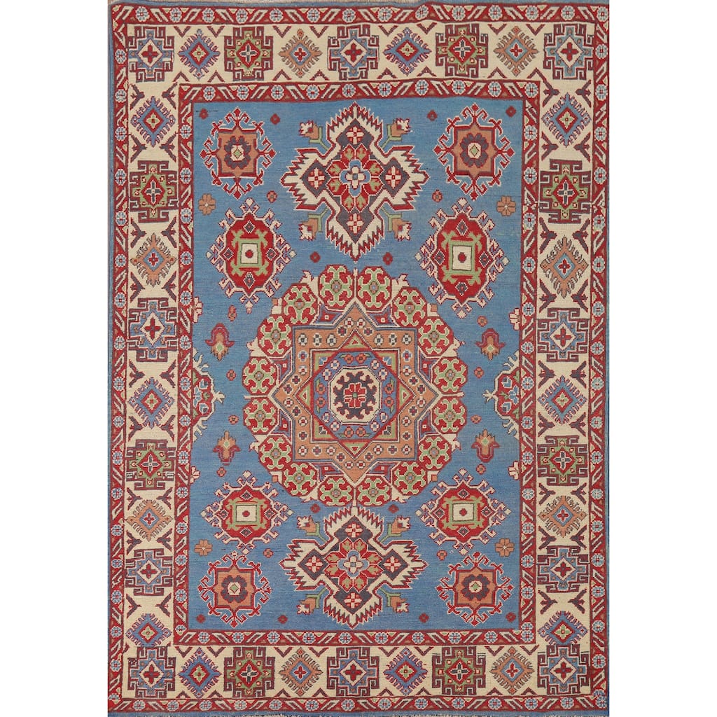 Blue Geometric Kazak Oriental Area Rug Handmade Wool Carpet - 4'10" x 6'7"