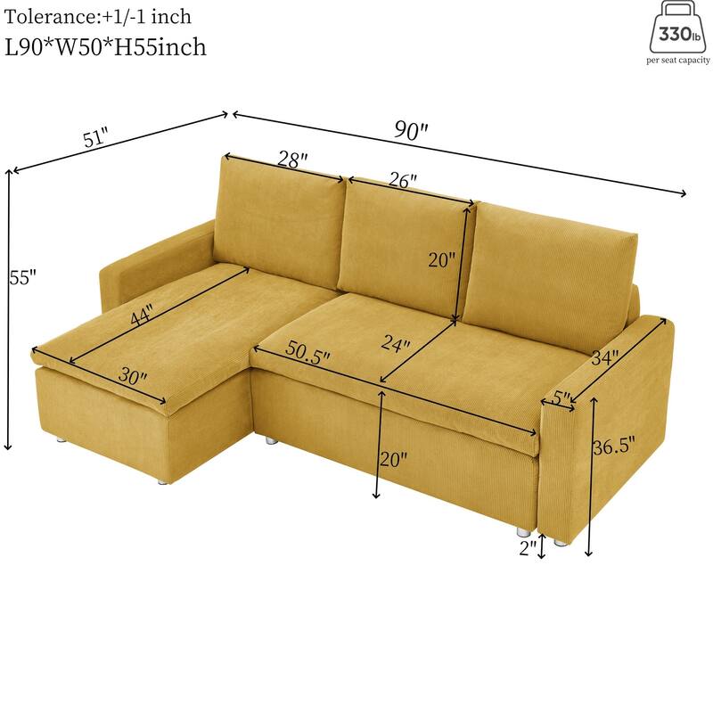 L Shaped Sofa Convertible Pull-out Sleeper Sofa Bed, Living Room Sectional Daybed with Storage Chaise, Corduroy Recliner