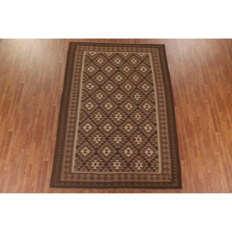 Hand Woven Oriental 100% Wool Carpet Southwestern Geometric Brown Kilim Area Rug - 9' 9'' X 6' 9''