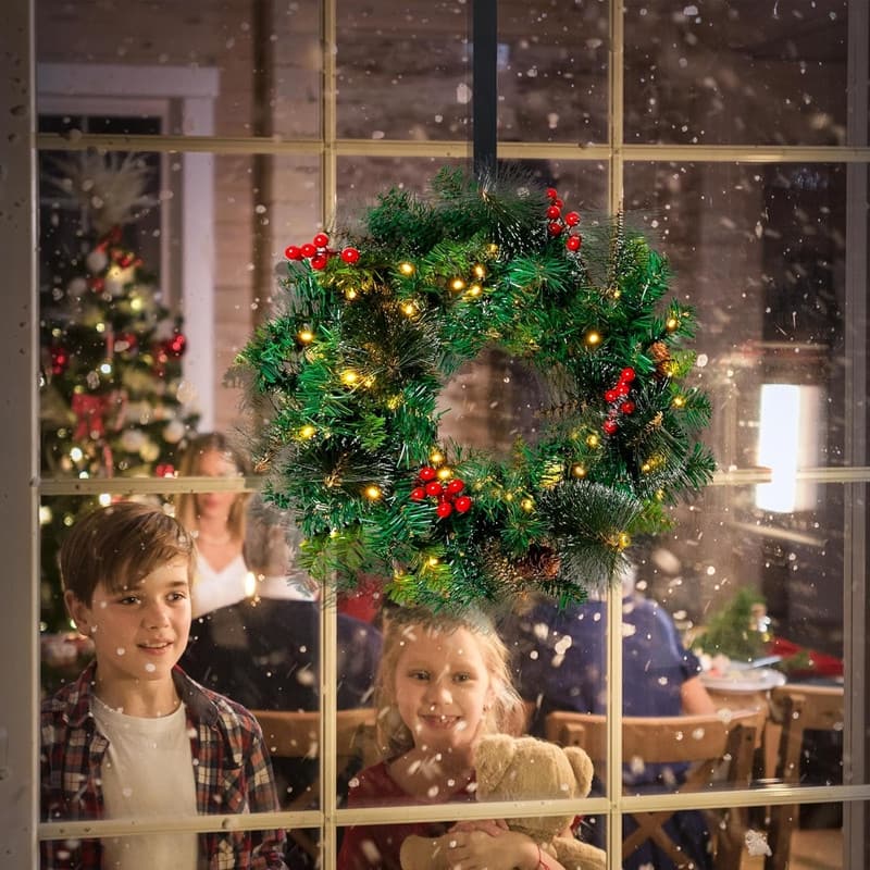 Joyfy 20" Artificial Christmas Wreath with 15" Hanger, Battery Operated