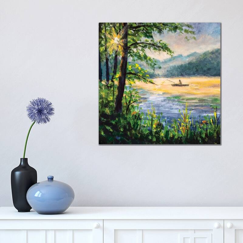 iCanvas "Fishing Painting. Fisherman In Boat In Beautiful Morning Lake." by Valery Rybakow Canvas Print - 18x18x1.5