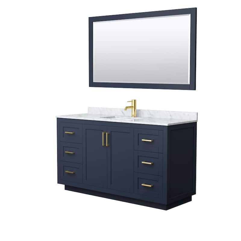 Miranda Bathroom Vanity Set, White Carrara Marble Top, 58-Inch Mirror - 60-Inch Single - Dark Blue, Gold Trim, White Carrara Marble Top