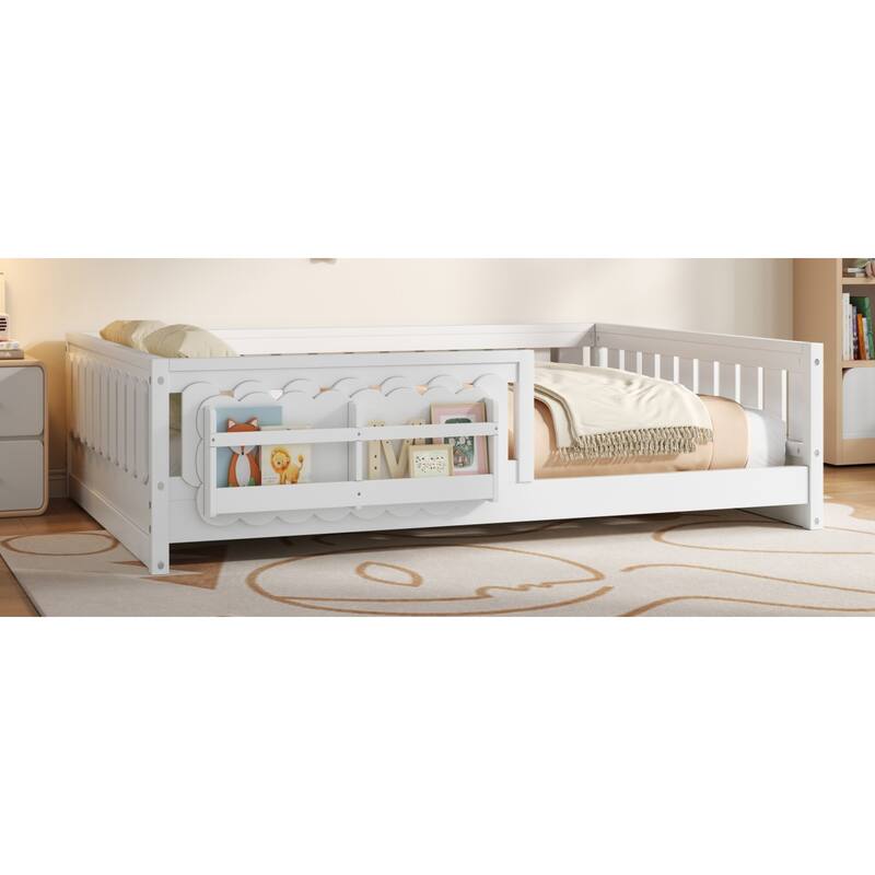 Roomfitters Full Size Wood Platform Bed with Guardrail and 2 Bookshelves