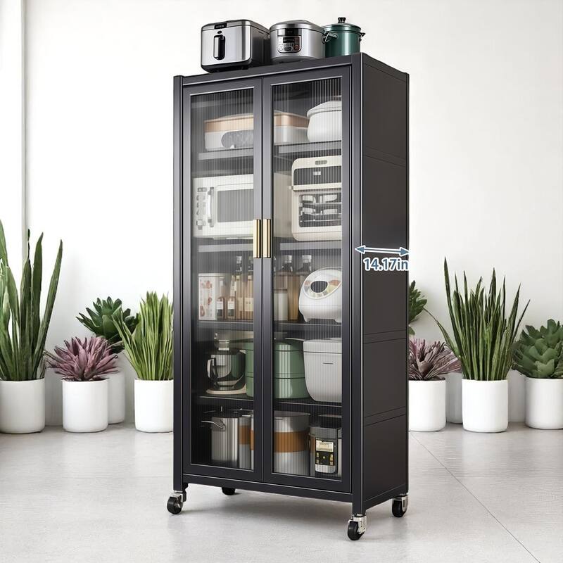 6-Tier Metal Pantry Cabinet with Transparent Doors and Wheels, Freestanding Kitchen Storage Organizer