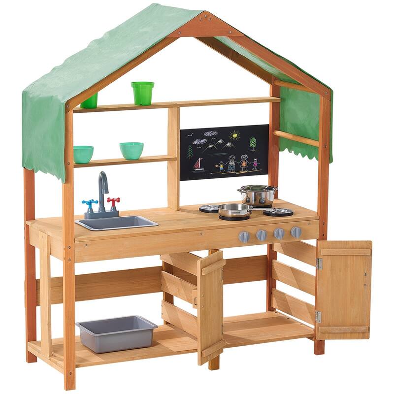 Natural-Green Cedar Wood Kids Mud Kitchen with Sink, Canopy and Accessories - 16.3” D x 40” W x 50” H