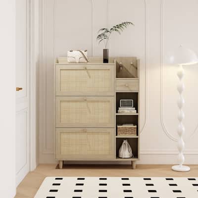 Natural Boho Style Shoe Cabinet with Multi-Storage Options