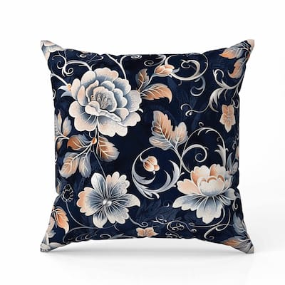 Curled Floral Vines Faux Suede Reversible Throw Pillow Blue and Peach