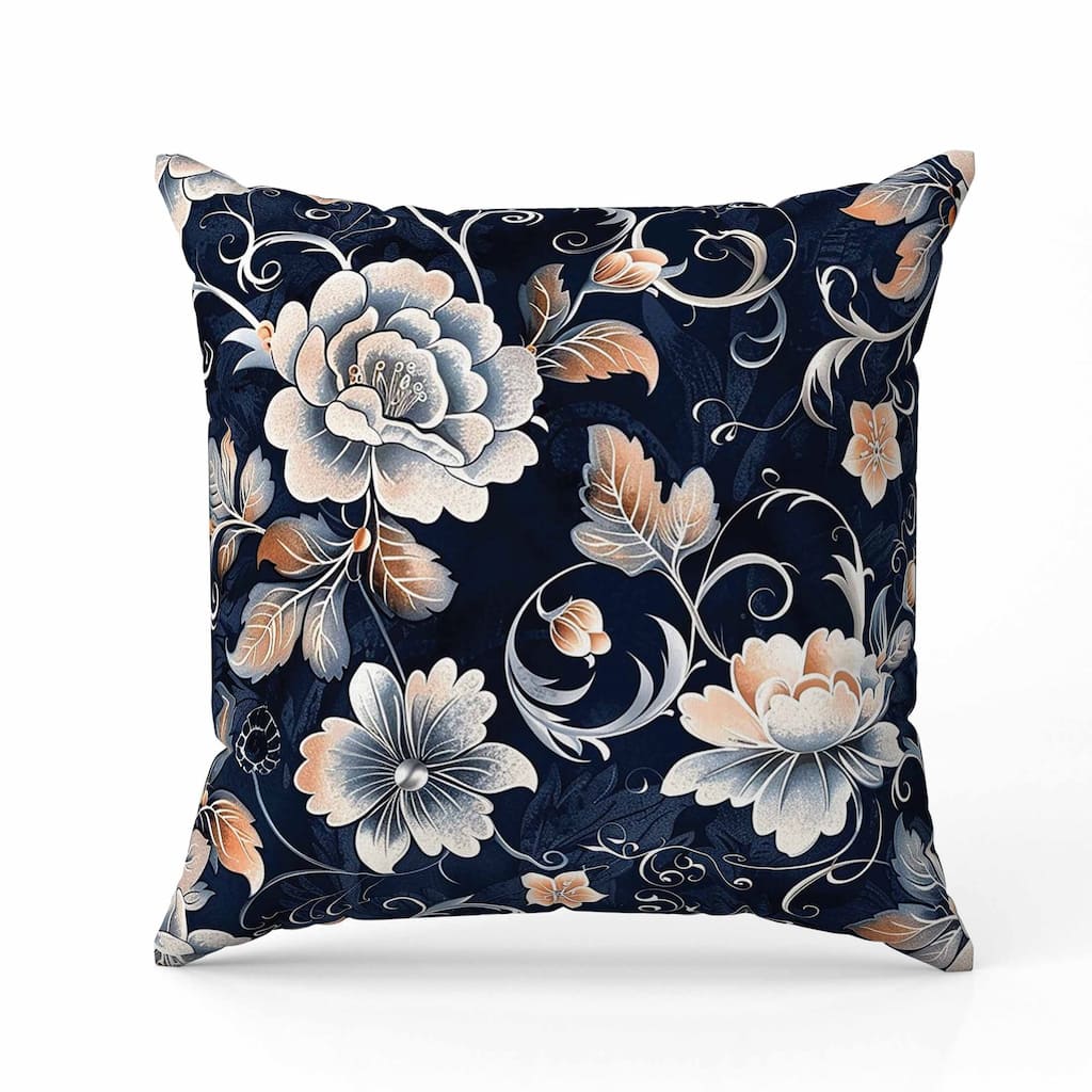 Curled Floral Vines Faux Suede Reversible Throw Pillow Blue and Peach