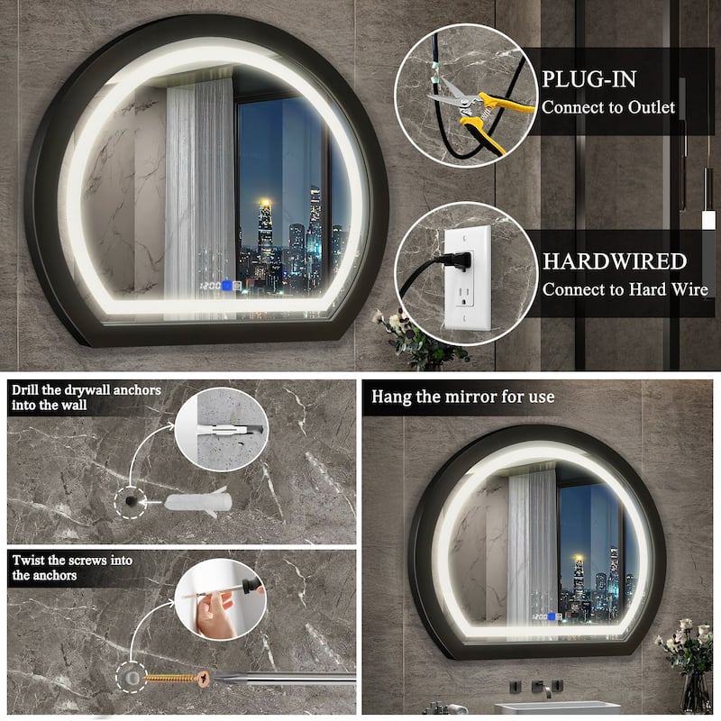 Arched Black Framed LED light Anti-fog 3 Colors Dimmable Wall Mirror - 27.6x23.6