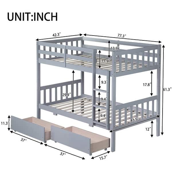dimension image slide 2 of 3, Twin Over Twin Rubber Wood Bunk Bed with 2 Drawers, Convertible into 2 Twin Beds