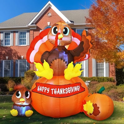 6 ft. Tall Brown, Yellow & Red Plastic Turkey on Pumpkin Inflatable