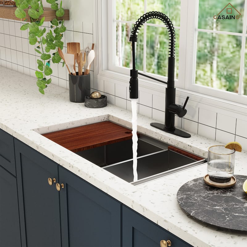 Undermount Single Bowl 16 Gauge Nano Stainless Steel Workstation Kitchen Sink with Pull Down Kitchen Faucet and Accessories
