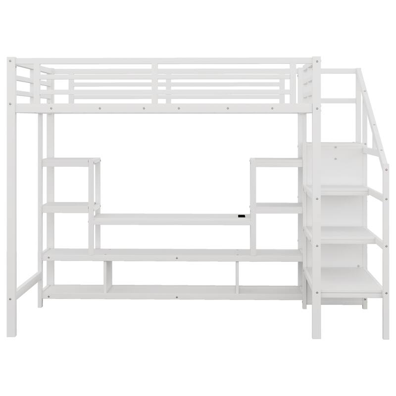Roomfitters Full Metal Loft Bed, Staircase Storage and TV Stand with Wardrobe for Bedroom, White