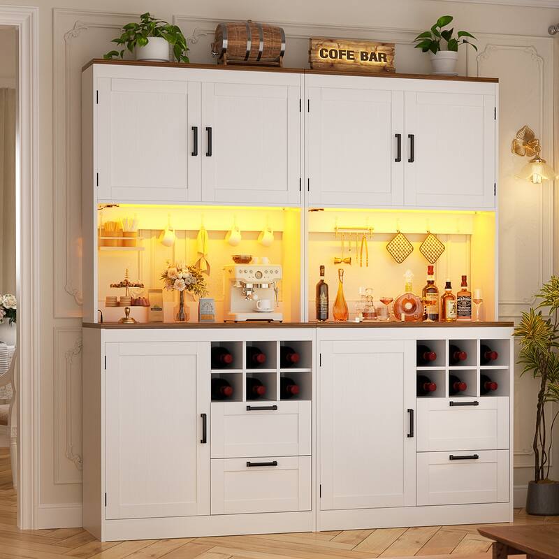 Farmhouse 72" Tall Kitchen Pantry Cabinet with Charging Station, Coffee Bar Cabinet with Hutch and LED Light - 63-In - White