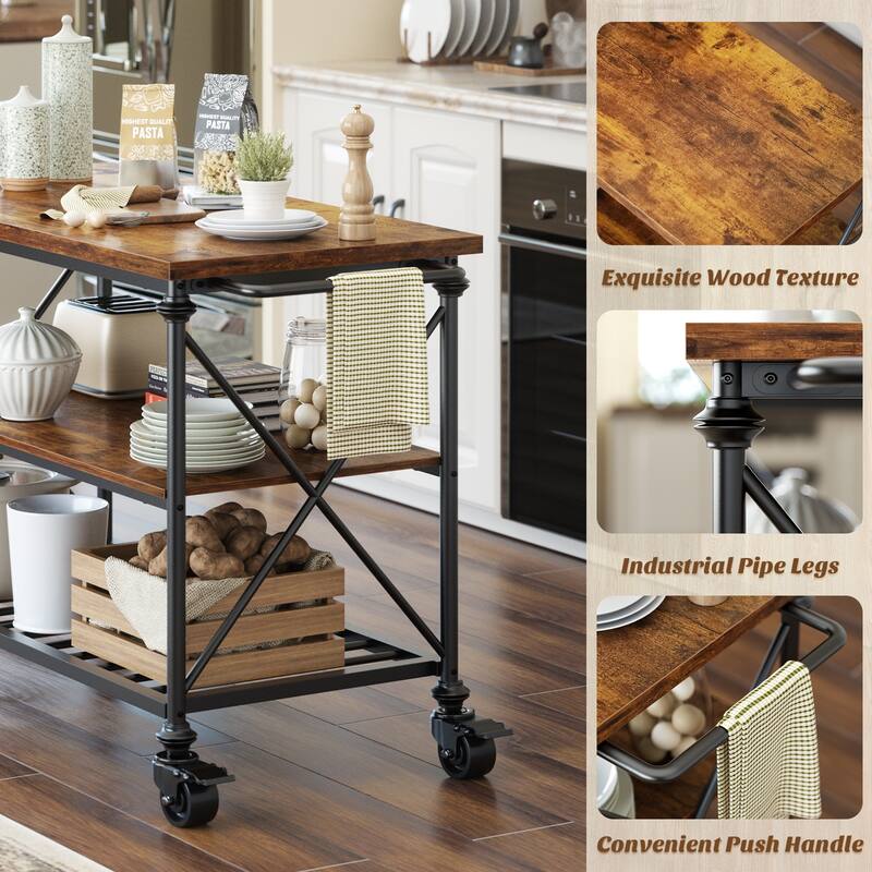 Rolling Kitchen Island Cart with Thick Wooden Top and Storage Shelves - N/A