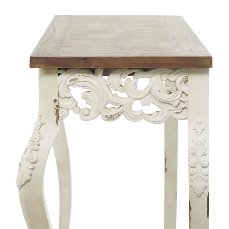 Wood Scroll Intricately Carved Console Table with Brown Wood Top - White - Roche River Decor