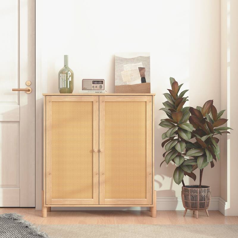 Mid-Century Modern Storage Cabinet with Woven Rattan Doors & Adjustable Shelves - Perfect - Natural