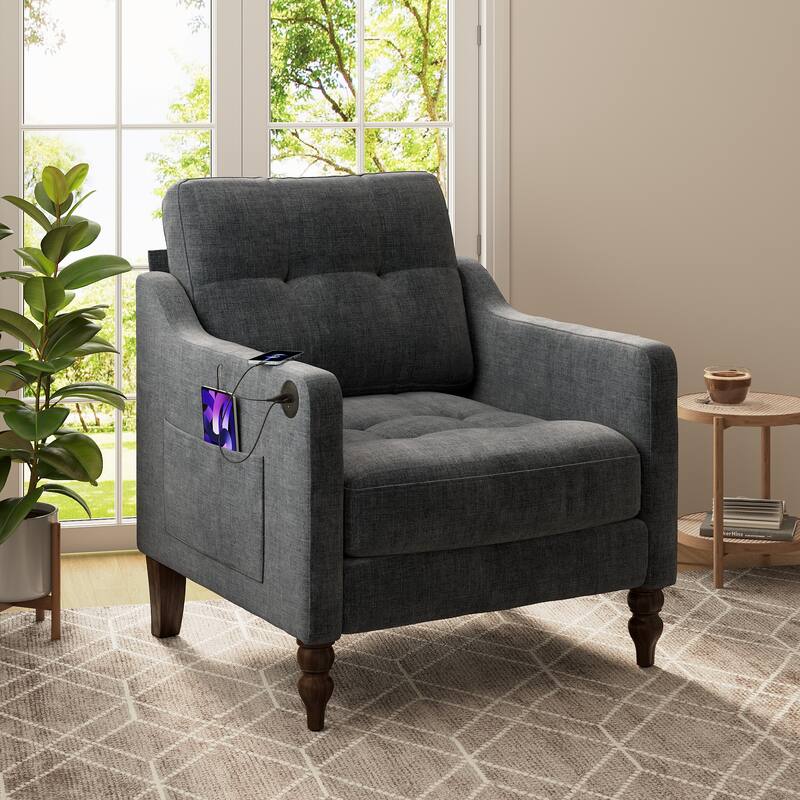 Office Chair Side Chair with USB Charging Port, Simple Dressing Chair Dark Grey Club Chair Arm Chair Padded Chair