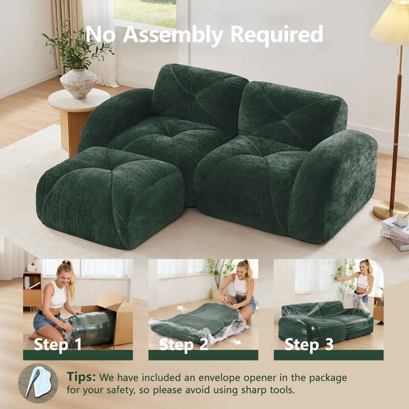 Rossetta 80'' Ergonomic Design Soft Velvet L-Shaped Boneless Sofa with 1 Movable Ottoman