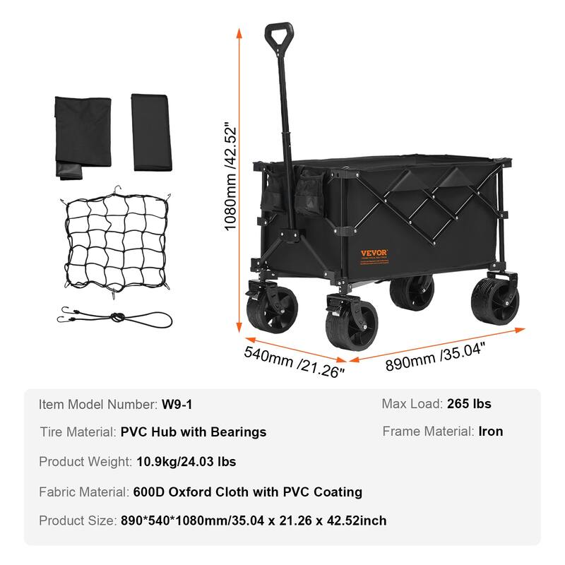 VEVOR Collapsible Folding Wagon 150L Beach Wagon Cart with All-Terrain Wheels Heavy Duty Folding Wagon Cart