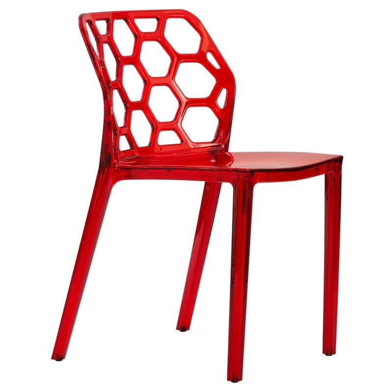 Stackable Acrylic Dining Chair with Honeycomb Open Back Design Accent Side Chair - Transparent Red - Single - 18.75"Dx19.37"Wx33.75"H